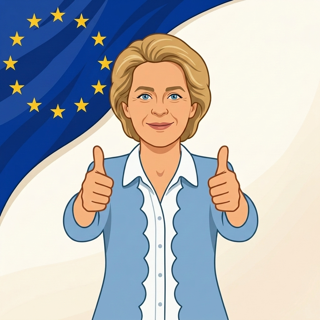 Ursula von der Leyen geeft twee duimen omhoog voor een EU-vlag